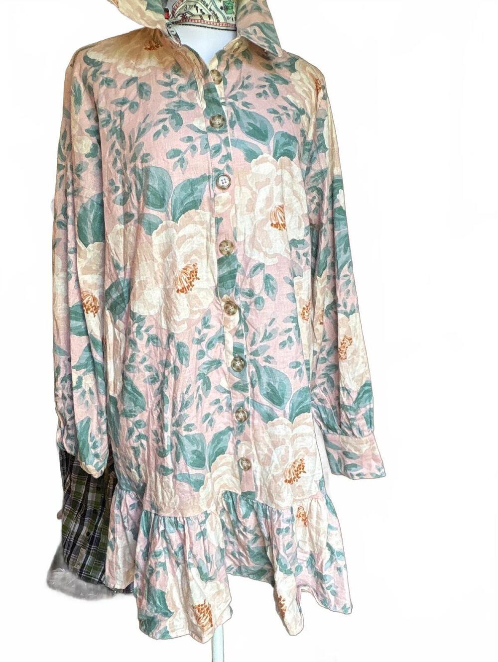 Olivaceous Soft Cottage Floral Linen Blend Ruffle Dress M